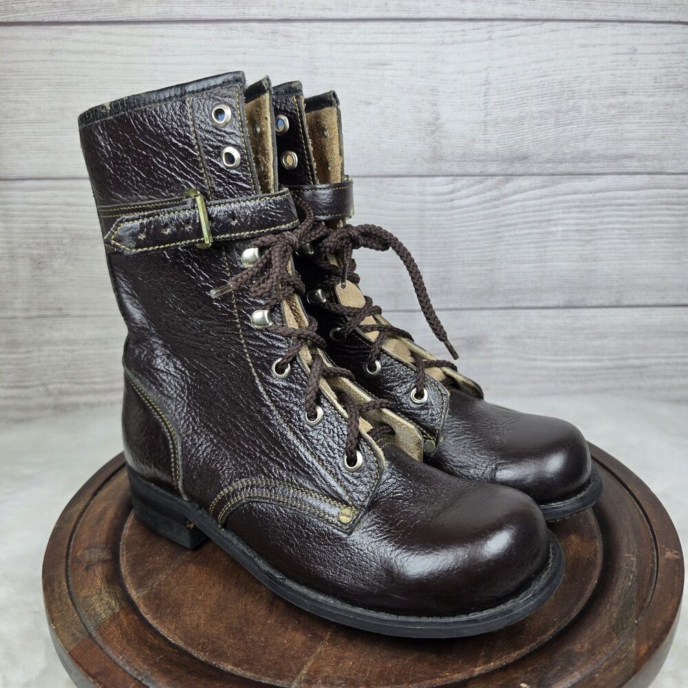 Vintage Bronco Womens Sz 5.5 35 Brown Leather Lace Buckle Combat Boots USA